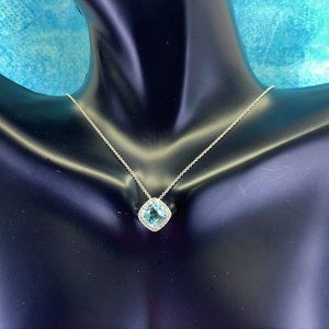 14K White Gold Blue Topaz & White Diamond Pendant